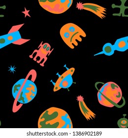 Children Sci-fi Pattern. Abstract Color Pattern with Aliens, Spaceships, Planets and Stars for Print, Cloth, Fabric. Modern Space Kids Pattern with Cute Monsters. Vector Texture.