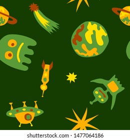Children Sci-fi Pattern. Abstract Color Background with Aliens, Spaceships, Planets and Stars for Chintz, Linen, Wallpaper. Vintage Space Kids Pattern with Cute Monsters. Vector Texture.
