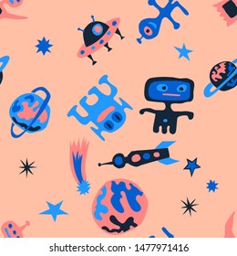 Children Sci-fi Pattern. Abstract Color Pattern with Aliens, Spaceships, Planets and Stars for Wallpaper, Fabric, Textile. Vintage Space Kids Pattern with Cute Monsters. Vector Texture.