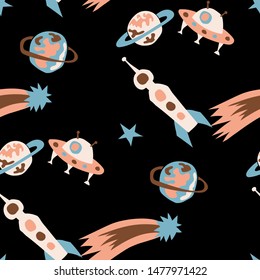 Children Sci-fi Pattern. Abstract Color Pattern with Aliens, Spaceships, Planets and Stars for Linen, Paper, Tablecloth. Retro Space Kids Pattern with Cute Monsters. Vector Texture.
