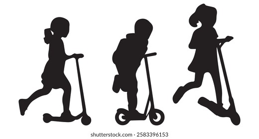 Children Scooting Silhouettes Set vector illustration