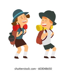 Children scout people adventure camping. Hiking recreation tourist group. Vector illustration.