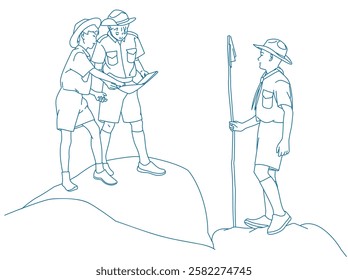 Children scouts boys having fun during camping activity in nature
