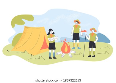 Children scouts making fire in camp. Cartoon kids in forest or mountains, campfire, tent flat vector illustration. Camping, scouts, adventure concept for banner, website design or landing web page