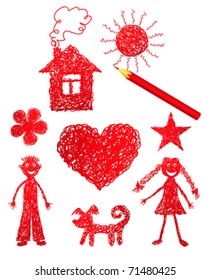 Children scribble and red pencil. Vector illustration.