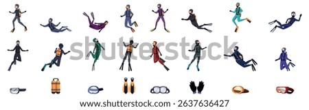 Children scuba diving icons set. Collection of scuba divers and equipment in various poses and outfits