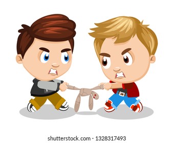 Children scuffle. Boy, troublemaker offends her friend, takes away toy. Concept of children's conflicts, problems, quarrels, relationships. Cartoon illustration, isolated on white background.