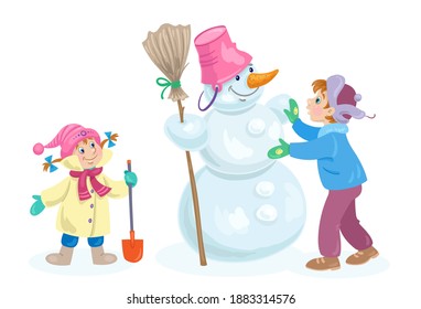 Children sculpt a big snowman. In cartoon style. Isolated on white background. Vector flat illustration