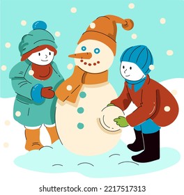 Children sculpting a snowman, vector cartoon comics style, seamless pattern