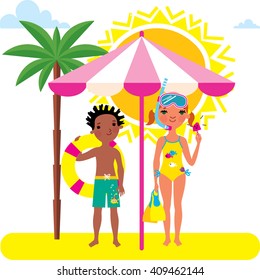 Children Sea Holidays. Kids Summer Camp On The Beach. Boy And Girl Standing Under Sunshade Umbrella And Palm. Vector. Flat Design.