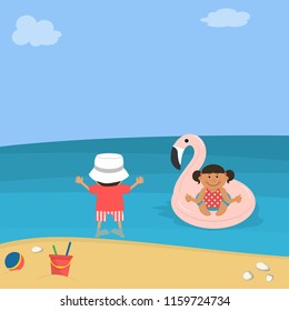 Children at sea. The little girl floats in the sea on an inflatable circle in the form of a flamingo, the boy is standing on the shore. There is a ball and a baby bucket on the beach. Vector image
