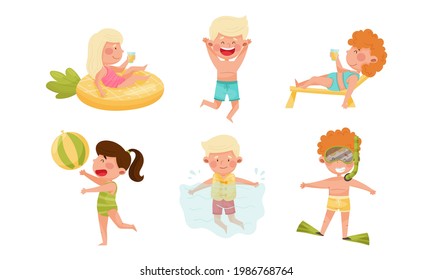 Children at Sea Shore Playing, Sunbathing and Swimming in Water Vector Set