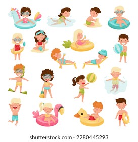 Children at Sea Sunbathing on Beach and Swimming in Water Big Vector Set