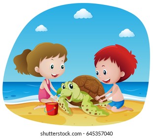 Children and sea turtle on the beach illustration