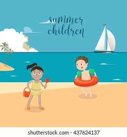 Children Sea Vacation. Girls and Boys Playing on the Beach. Vector illustration