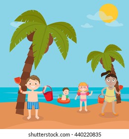 Children Sea Vacation. Girls and Boys Playing and Swimming on the Beach. Vector illustration