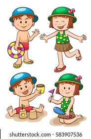 Children Sea Vacation. Girls and Boys Playing on the Beach. EPS10 File simple Gradients, no Effects, no mesh, no Transparencies. All in separate group for easy editing 