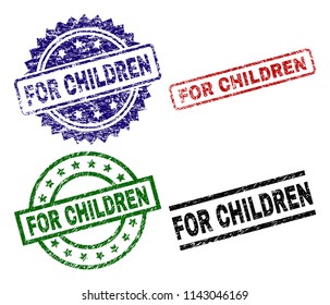 FOR CHILDREN seal prints with damaged style. Black, green,red,blue vector rubber prints of FOR CHILDREN text with unclean style. Rubber seals with round, rectangle, rosette shapes.