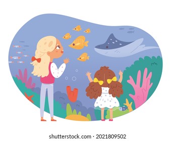 Children in sealife museum. Kids looking at aquarium with fish, water, corals, animals vector illustration. School excursion scene, girls on trip. Science and nature education.