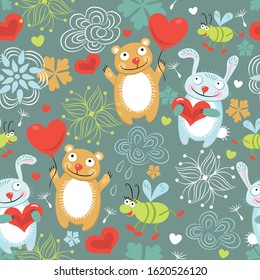 Children seamless background with a hare, bear, beetle, heart