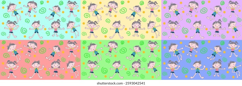 Children seamless background vector featuring playful boys and girls with colorful elements on a light backdrop.
