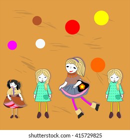 Children seamless border  with small puppets and colorful circles on a dark orange background.