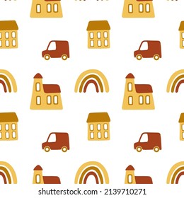 Children seamless cute pattern with cartoon houses. Vector illustration in red, yellow and brown colors: houses, car, rainbow. Perfect for fabric, textile, background.