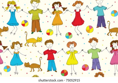 Children seamless funny pattern with cats and balls