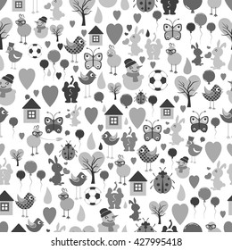 Children seamless grey pattern. Kid toys flat icon shapes. Trend pictogram set.  Vector.