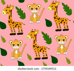 
Niños con un patrón de jungla sin fisuras con tigre y jirafa. Papel de escritorio para los niños.