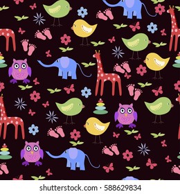 Children seamless pattern with animals. Baby background with animals and flowers