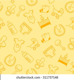 children seamless pattern. baby things seamless pattern. diaper, nipple, baby bottle, Romper, bib, rattle, pram, cot, baby socks. 