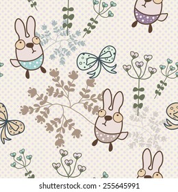 Children seamless pattern with bunnies and flowers for the textile, fabric samples, paper