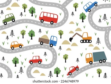 Children seamless pattern with cars on roads in flat style. Endless fun cartoon kids ornament for fabric and fashion textile pint. Vector background.