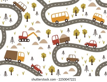 Children seamless pattern with cars on roads in flat style. Endless fun cartoon kids ornament for fabric and fashion textile pint. Vector background.