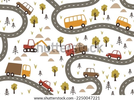Children seamless pattern with cars on roads in flat style. Endless fun cartoon kids ornament for fabric and fashion textile pint. Vector background.