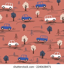Los niños tienen un patrón impecable con coches y árboles en un estilo plano dibujado a mano. Interminables dibujos animados de niños adornan para tela y pinta textil de moda. Fondo vectorial.