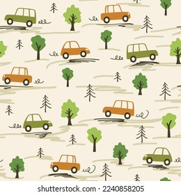 Children seamless pattern with cars and trees in hand drawn flat style. Endless fun cartoon kids ornament for fabric and fashion textile pint. Vector background.