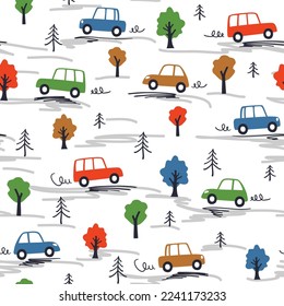 Kinder nahtloses Muster mit Autos und Bäumen in handgezeichnet flachen Stil. Endlos lustige Cartoon-Kinderschmuck für Stoff- und Modetextilpint. Vektorhintergrund.