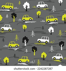 Children seamless pattern with cars and trees in hand drawn flat style. Endless fun cartoon kids ornament for fabric and fashion textile pint. Vector background.