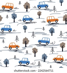 Children seamless pattern with cars and trees in hand drawn flat style. Endless fun cartoon kids ornament for fabric and fashion textile pint. Vector background.