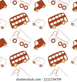 Children seamless pattern with cartoon cars in red color, outline and colorful. Vector illustration: bus, truck, car, for fabric, textile, wallpaper, background.