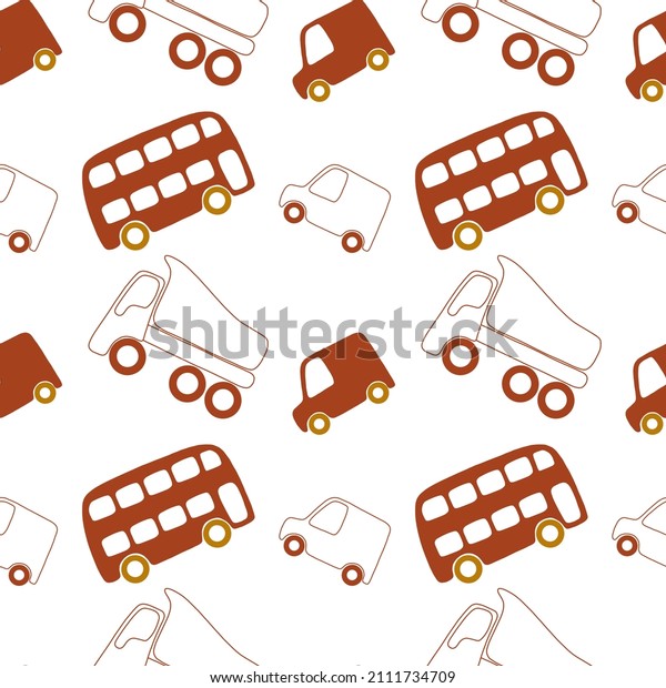 Children seamless pattern\
with cartoon cars in red color, outline and colorful. Vector\
illustration: bus, truck, car, for fabric, textile, wallpaper,\
background.