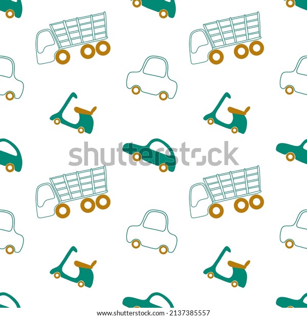 Children seamless pattern with cartoon green\
vehicles: -assented cars, scooter, truck. Cute illustration for\
fabric, textile, background, wallpaper\
