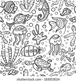Children seamless pattern with cartoon sea creatures