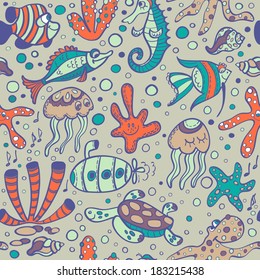 Children seamless pattern with cartoon sea creatures