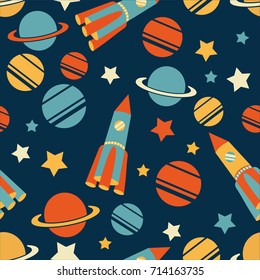 Children Seamless pattern with cartoon space rockets, planets, stars