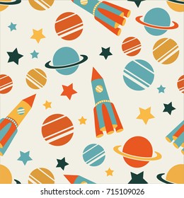 Children Seamless pattern with cartoon space rockets, planets, stars