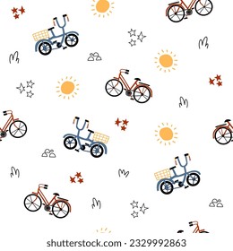Patrón ininterrumpido de niños con bicicleta infantil en estilo plano dibujado a mano. Interminables dibujos animados de niños adornan para tela y moda impresiones textiles. Fondo vectorial. EPS 10