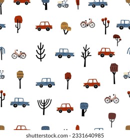 Children seamless pattern with childish bicycle and cars in hand drawn flat style. Endless fun cartoon kids ornament for fabric and fashion textile print. Vector background. Scandinavian style. EPS 10